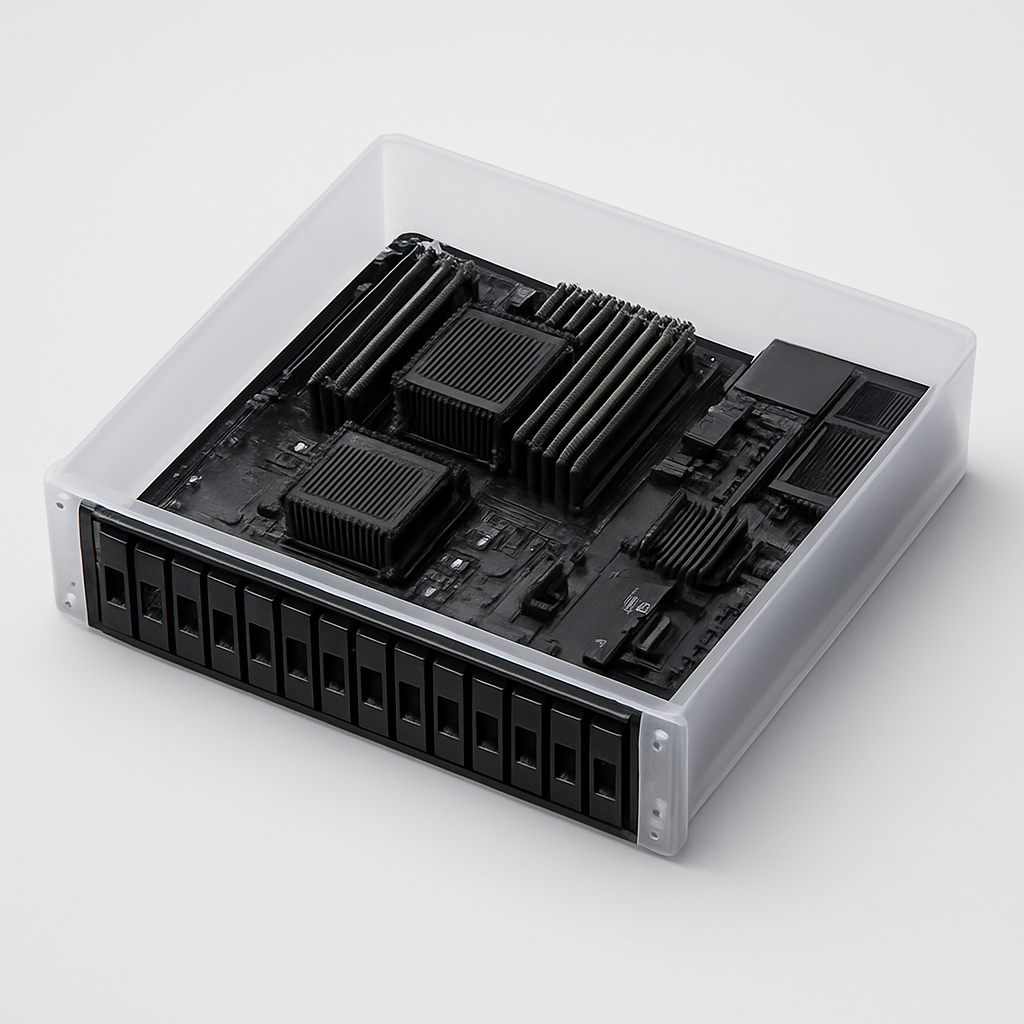 Exploded view of a custom enterprise server showing CPUs, RAM, RAID controller, cooling fans, mainboard and power supplies